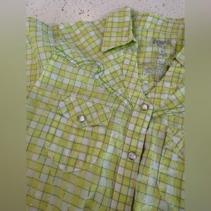 Wrangler Rock 47 Western Shirt Girls XL 14 Green Metallic Jewel Snap Rodeo Girl
